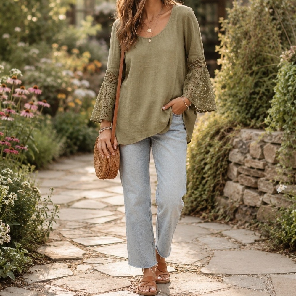 Womens Olive Green Lace Bell Sleeve Boho Blouse Small Winged Front Artisan